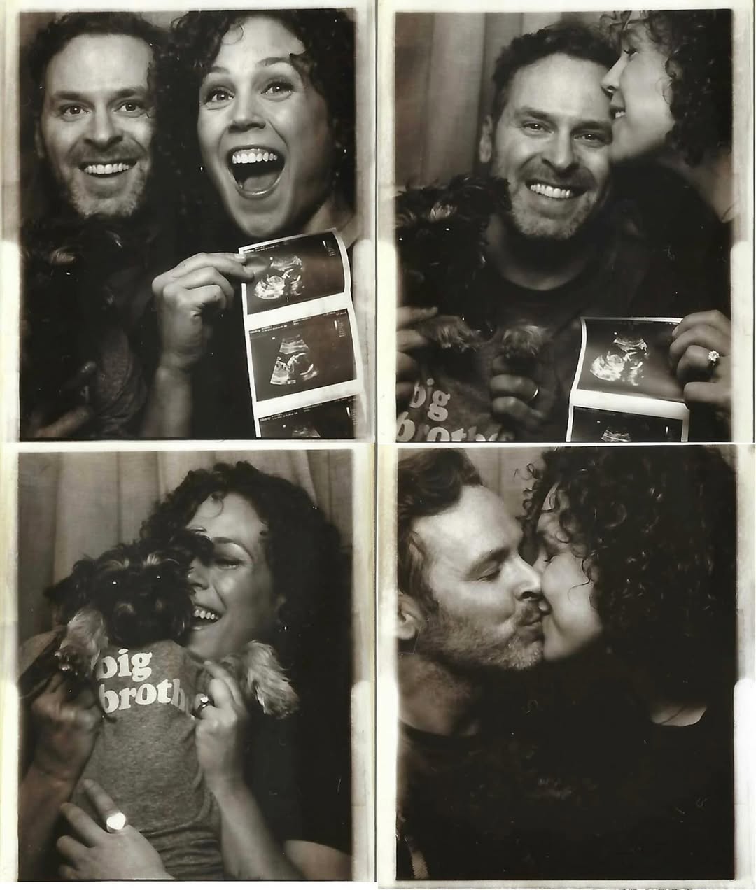 Erin Krakow Instagram post featuring black-and-white photobooth images, smiling with their baby sonogram — and yes, even their family pup joined in with a 