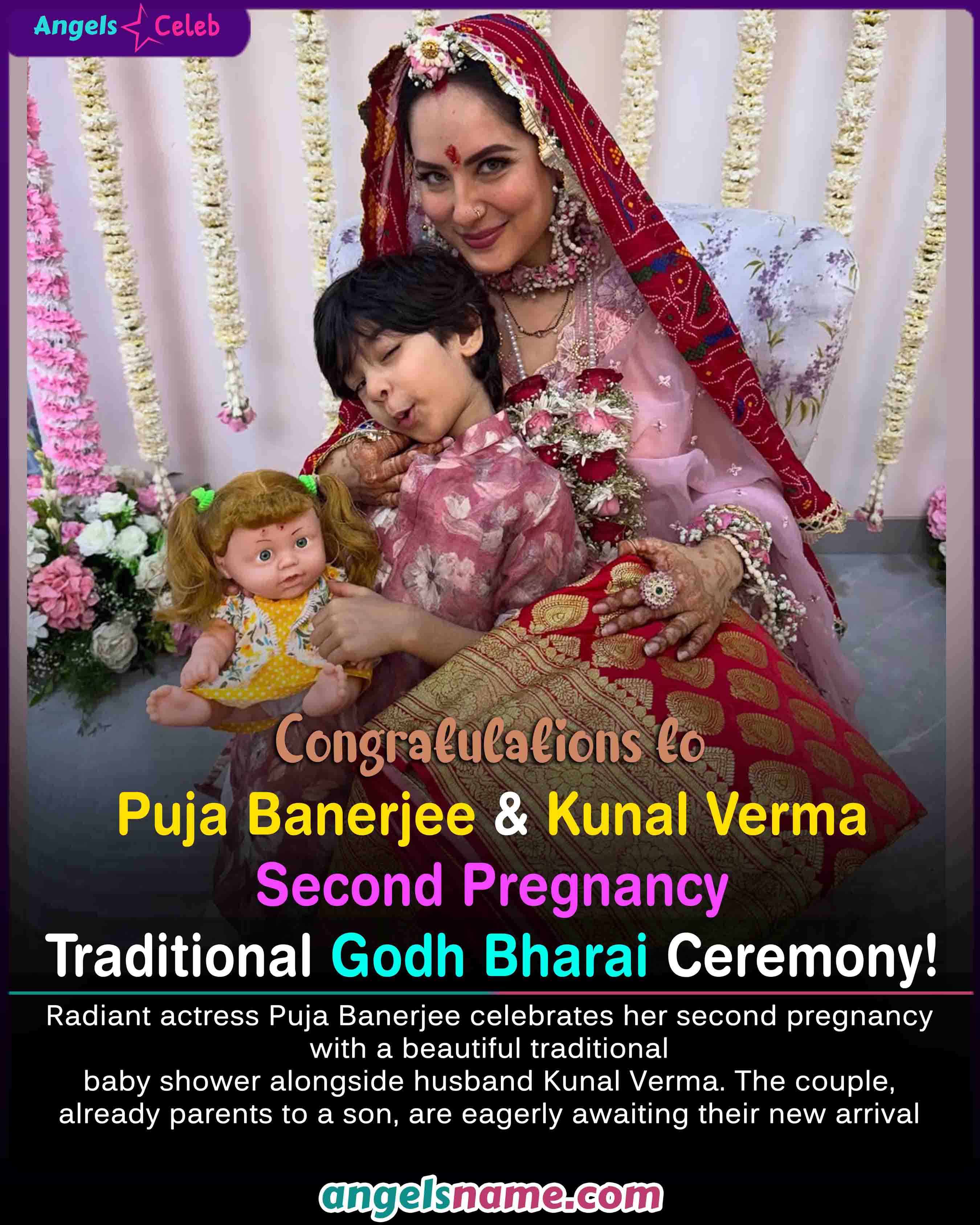 Puja Banerjee in pink saree at her baby shower